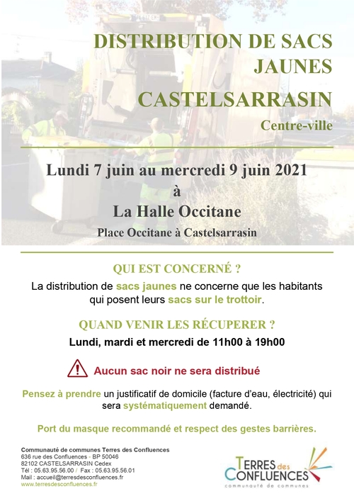 Distribution sacs jaunes Castelsarrasin Communauté de communes Terres des Confluences